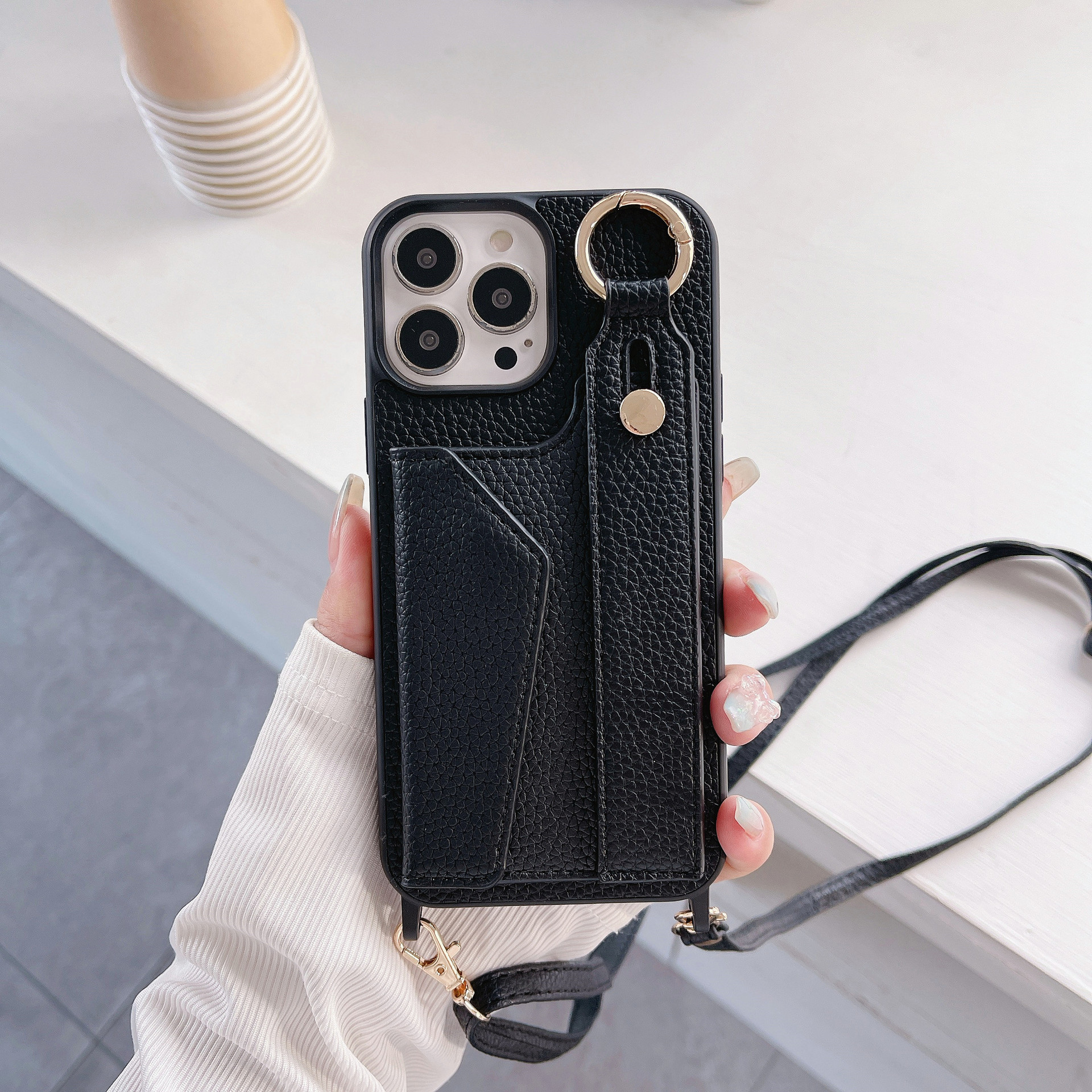 TechGlobe Suitable For IPhone 17 Pro Max Wrist Phone 12/13 Crossbody Shoulder Strap Card Slot Protective Leather Case_voghion.com