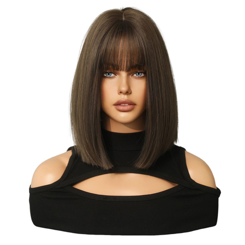 European and American Short-Style Women's Wig, Bobo Cut, Natural Full Headpiece—Lifelike Synthetic Fiber Hair with Realistic Texture for a Genuine Bob Look