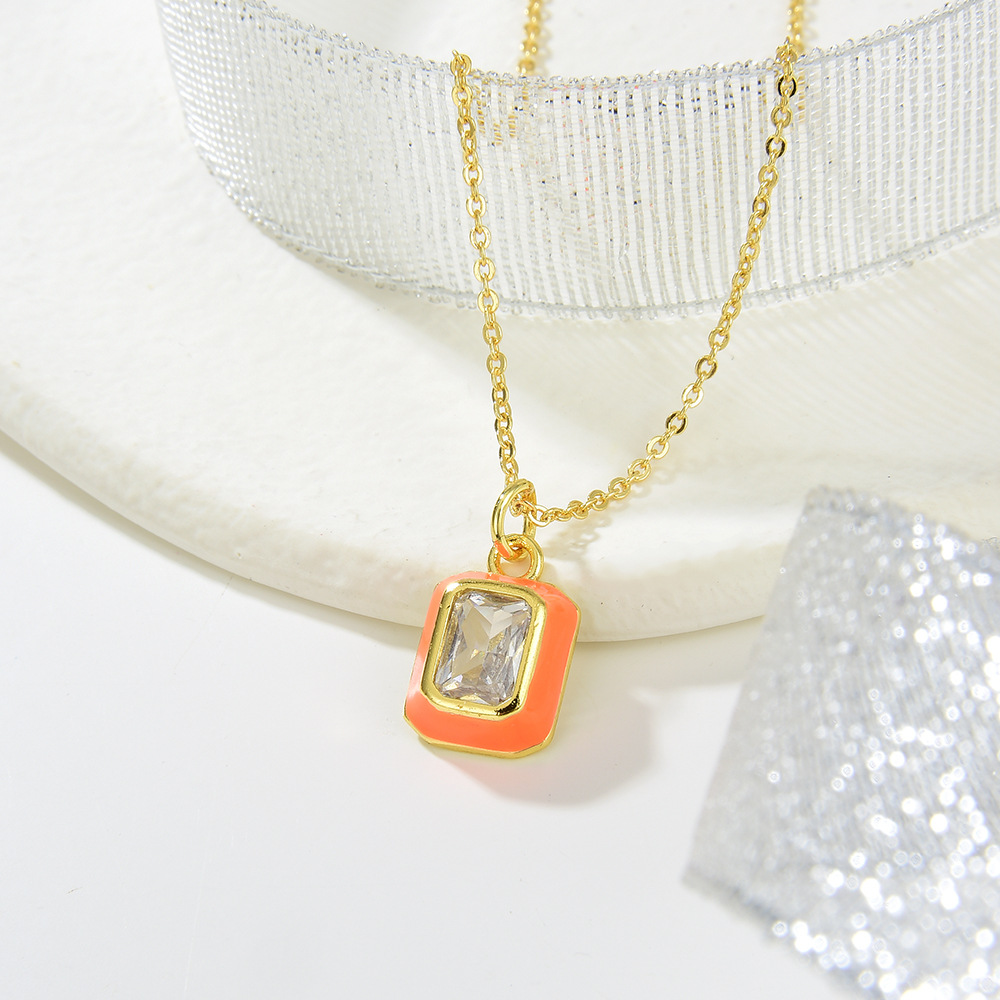 Copper Material Square Pattern Copper Inlay Square Rhinestones Pendant Necklace