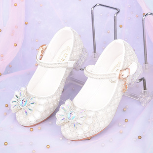 Factory wholesale support cross-border girls' princess shoes rhinestone Pearl children's high heels girls' performance dress leather shoes