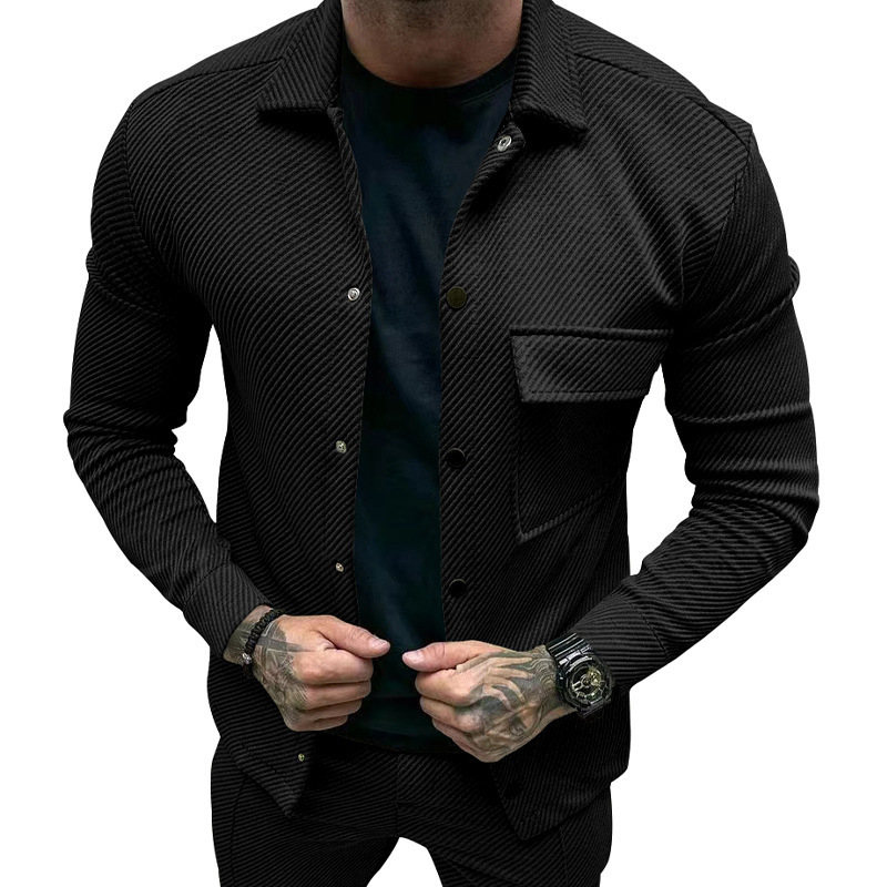 Cross-Border Autumn Casual Men's Heavyweight Twill Turn-Down Collar Long Sleeve Top European And American_voghion.com