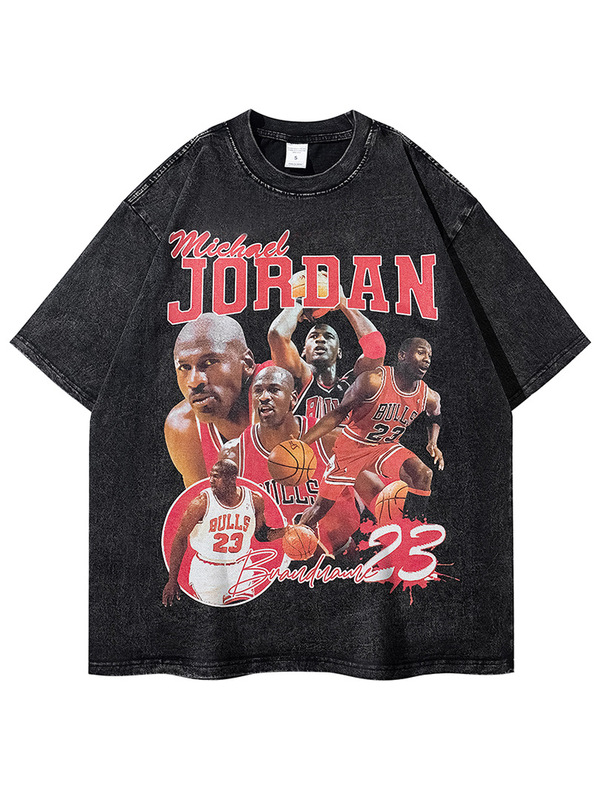 Washed Fried Flower T-shirt Michael Jordan American Retro Printed Cotton Short Sleeve T-shirt Men Loose Trendy High Street