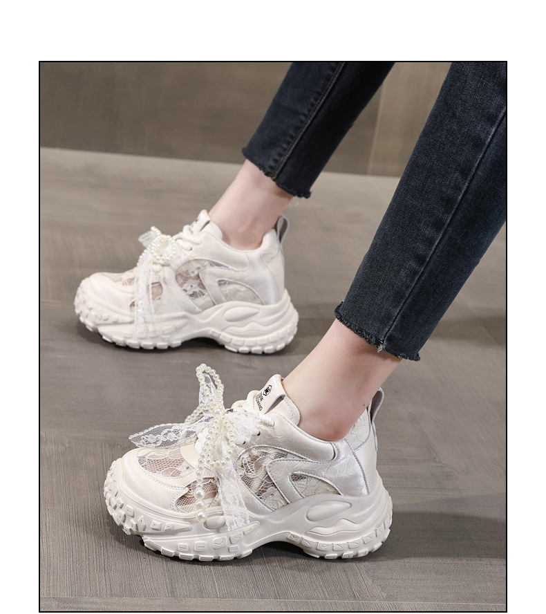 Giày sneaker nữ đế dày tăng chiều cao, phối ngọc trai và nơ, phong cách bánh xốp — Màu be chi tiết 15