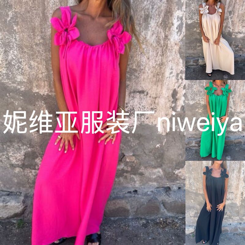 2025 European and American Summer Design Holiday Style Extra Long Loose Pure Color Stereo Flower Fashionable U-Neck Dress 2025 European and American Summer Design Holiday Style Extra Long Loose Pure Color Stereo Flower Fashionable U-Neck Dress