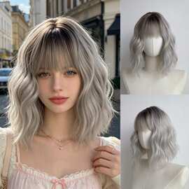 欧美热销Synthetic Short Wavy Bob Wig机制哑光丝玫瑰网现货批发