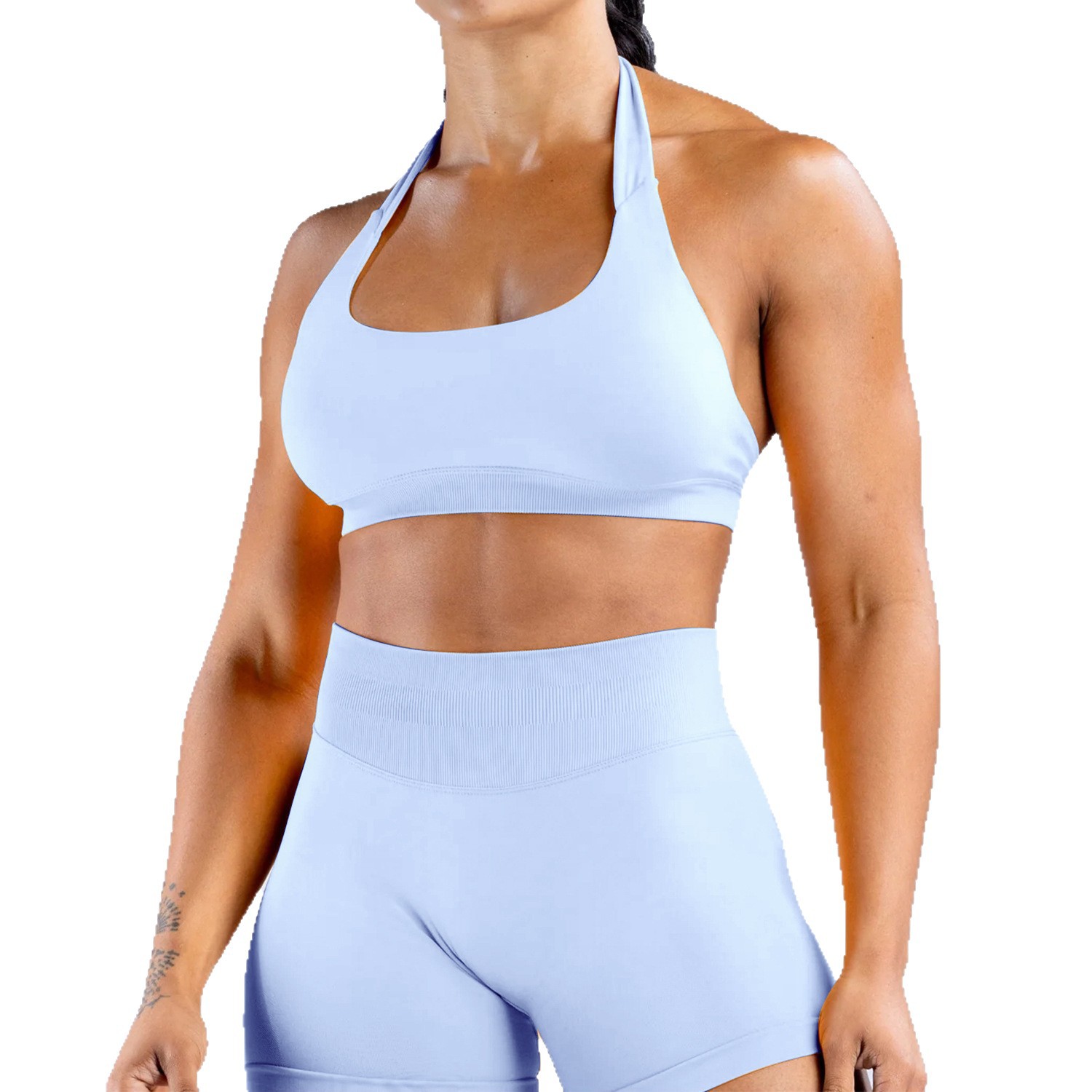 Damen-Sportshorts in Unifarbe mit Neckholder, Trägern, neu, für Yoga und Fitness, mit integrierten BH-Einlagen_voghion.com