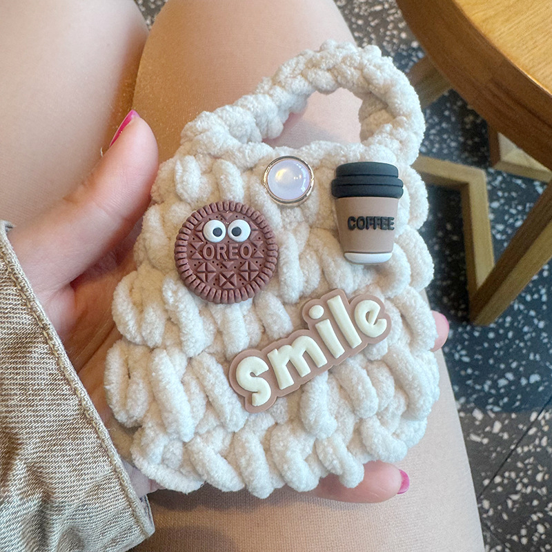 Galletas multicolor tejido a mano bolsa de auriculares anticaídas cubierta de auriculares bluetooth peluche mini cambio de almacenamiento