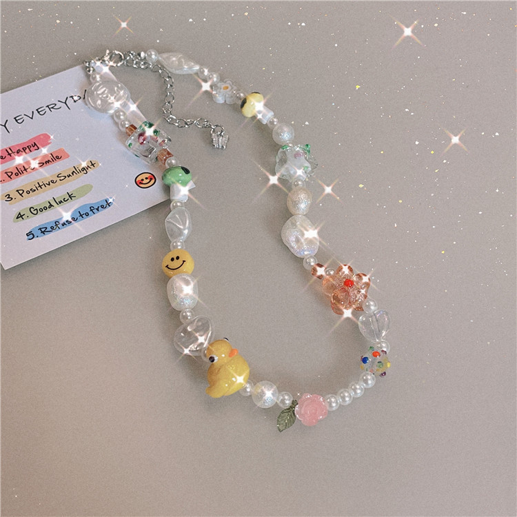 Beach Occasion Cute Heart Shape Resin Glass Beaded Women's Necklace