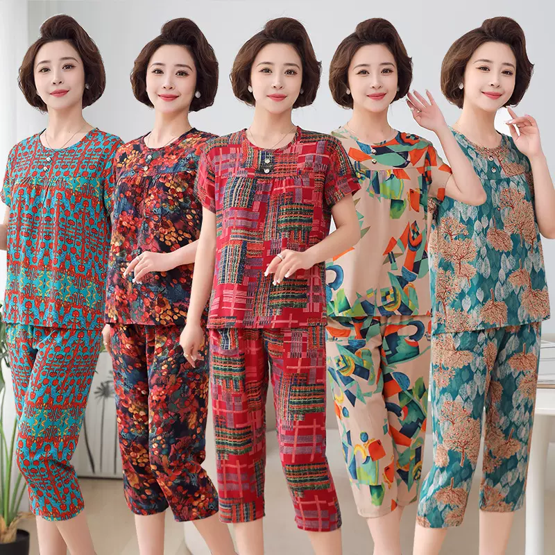 薄款婆婆衫中老年女短袖套装夏季棉绸睡衣妈妈装老太太家居两件套