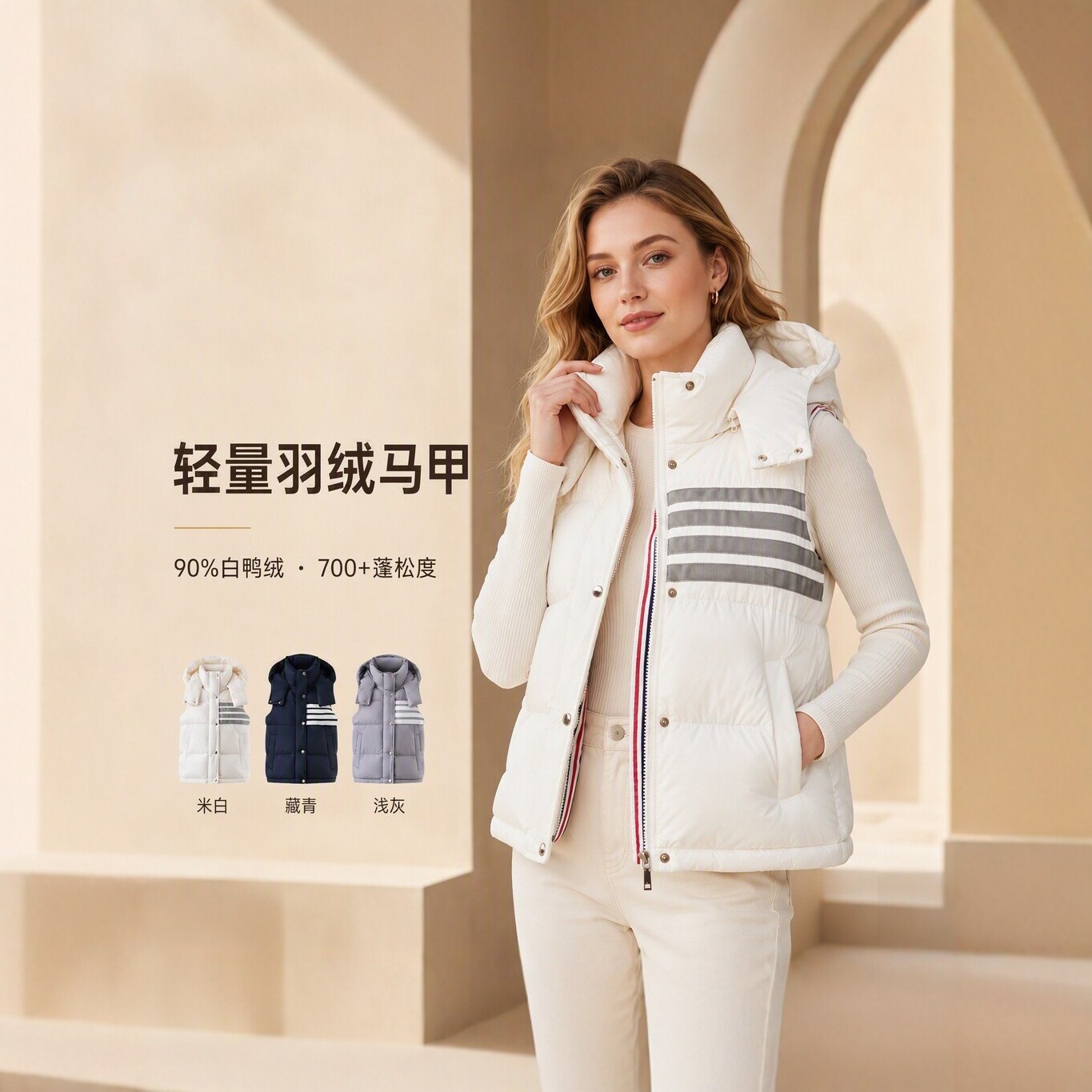 2026 new style 90% white duck down vest for women, featuring a hood, four stripes, and a striped lining, offering warmth and a lightweight design
