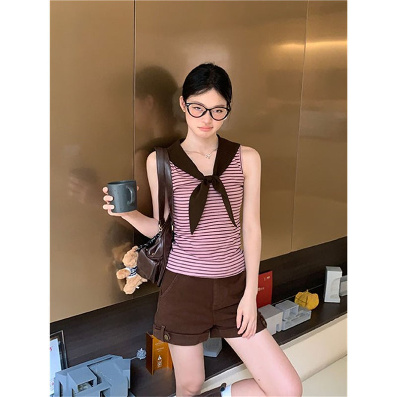 原版面料复古条纹海军领背心吊带女夏季无袖粉咖色设计感别致上衣|undefined