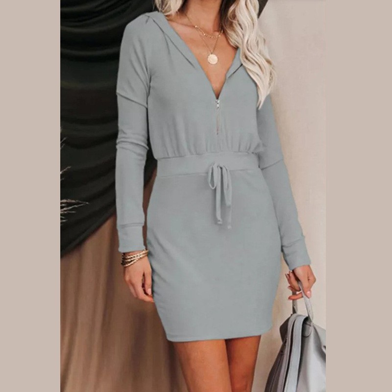 Women's Trendy Solid Color Dress Zip Front Long Sleeve Hoodie Style Waist‑Cinched Casual Daily Wear_ecoleips.com