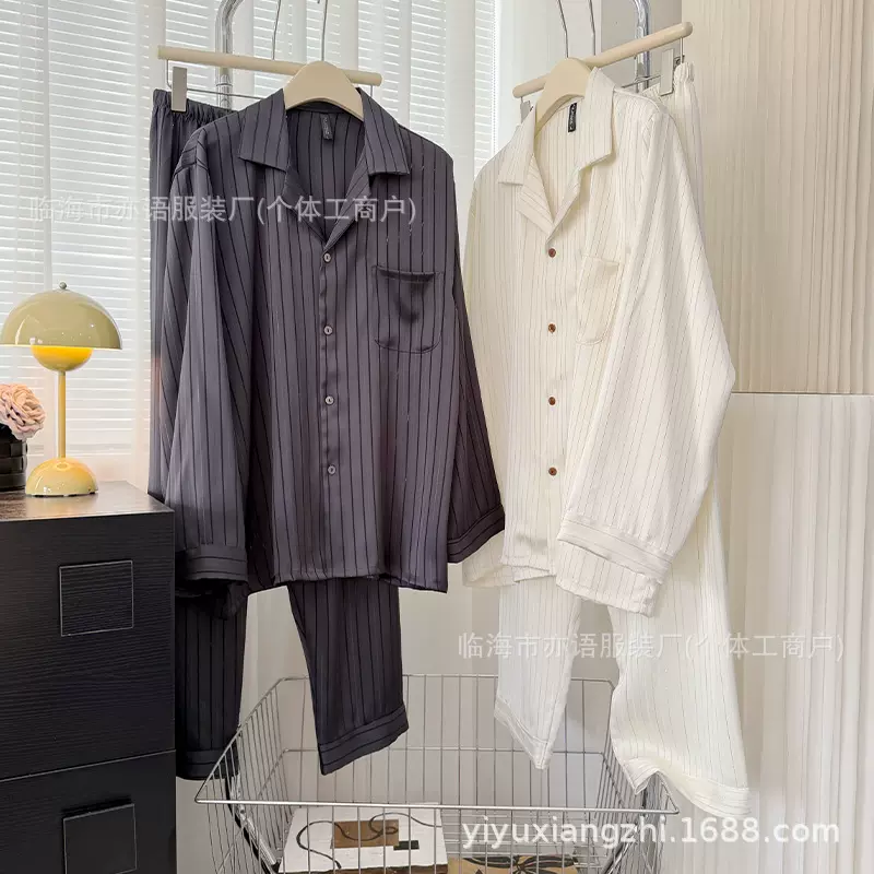 26春季爆款金银丝冰丝情侣睡衣 条纹纯色高级感凉爽情侣睡衣套装