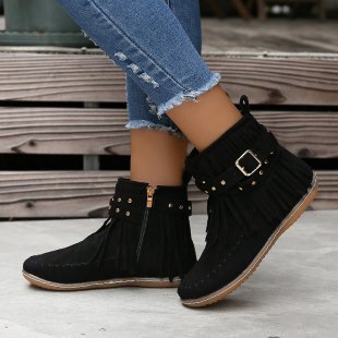 New Autumn/Winter Fringe Short Boots Flat Heel Inside Increase Sanding Women's Boots Student Single Boots Casual Fashion Matchable Women's Shoes