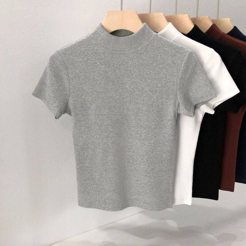 Plus-Size Half-Turtleneck Ribbed Short-Sleeve T-Shirt for Women, New 2026 Spring/Summer Style, Slimming Base Layer Top Plus-Size Half-Turtleneck Ribbed Short-Sleeve T-Shirt for Women, New 2026 Spring/Summer Style, Slimming Base Layer Top