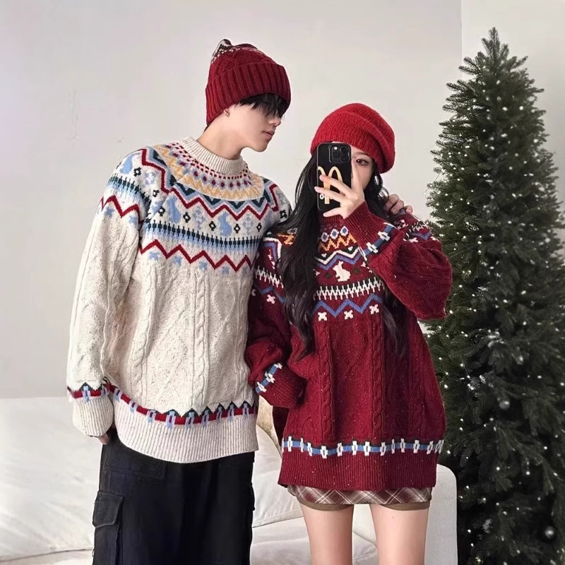 Tooling American Style Vintage Fairisland Floral Yarn Red Jacquard Knitwear Christmas New Year Base Sweater Autumn and Winter Tooling American Style Vintage Fairisland Floral Yarn Red Jacquard Knitwear Christmas New Year Base Sweater Autumn and Winter