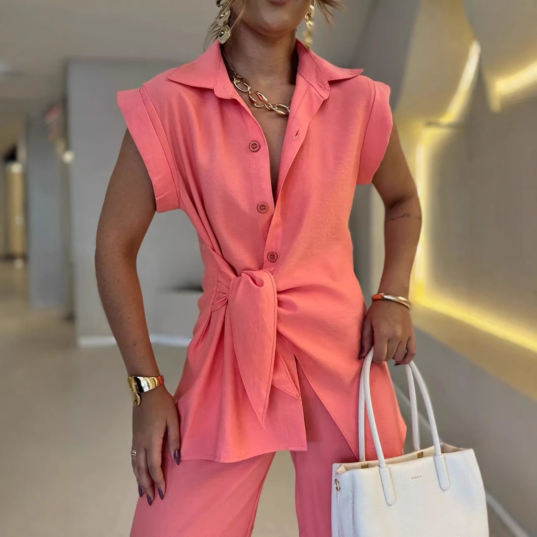European American Foreign Trade Ready-to-ship Women's Clothing 2025 New Fashion Lace-up Waist Short-sleeve Shirt And_voghion.com