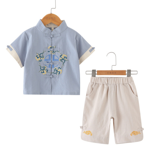 Chinese ethnic style children's cotton linen set, Hanfu baby Chinese-style Tang suit for boys, summer clothing for children, Confucianism dress for first birthday celebration.