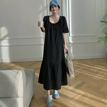53057#2025夏新款/抽绳正肩短袖连衣裙胖mm法式小香风显瘦裙子