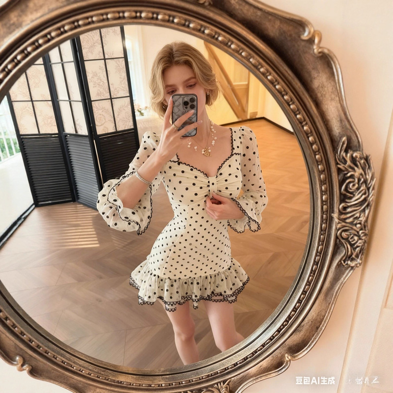 26 Early Spring Socialite Daughter Sexy Strapless Polka Dot Ruffle Slim Fit Bodycon Elegant Short Dress Wholesale in Stock