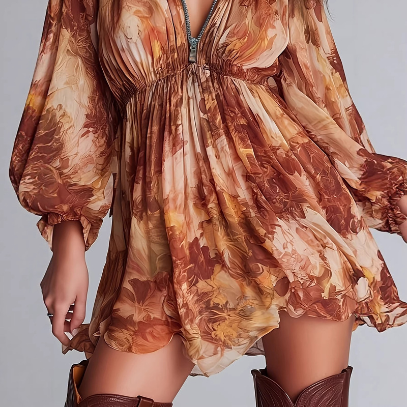Long-Sleeved Dress with Deep V-Neck, Slim Fit, Vintage Print, Bohemian Style Short Dress, Bohemian Skirt