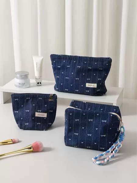 New Niche Retro Denim Bowknot Fabric Makeup Bag for Girls, Portable Skincare Pillow Bag Storage Bag