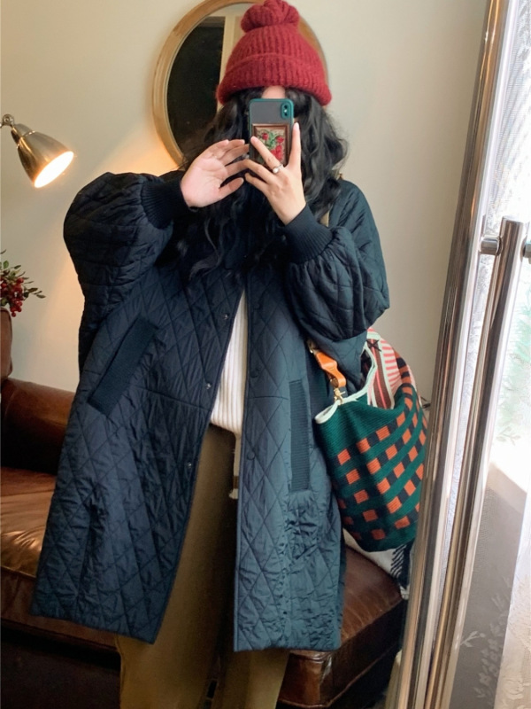 卡其色大码宽松外套女年秋冬季圆领轻又暖廓形中长款风衣棉衣|undefined