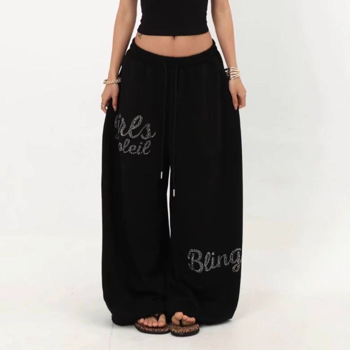 American-Style Stylish High-Waisted Street Fashion Rhinestone Wide-Leg Pants for Women in Coffee Color, Loose-Fitting Hot Girl Jazz Dance Sports Long Pants