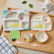 竹纤维儿童餐具套装 创意卡通饭碗 宝宝分格餐盘 礼品餐具五件套