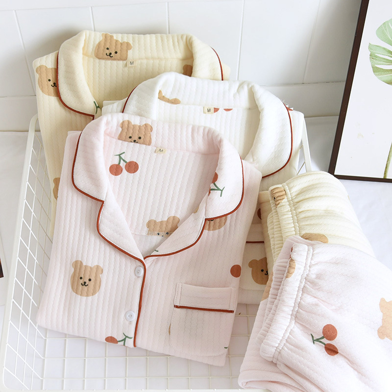 Autumn and Winter Japanese-Style Air Layer Pajamas for Women, Long-Sleeve and Long-Pants Cotton Casual Loungewear, Thickened Quilted Set Autumn and Winter Japanese-Style Air Layer Pajamas for Women, Long-Sleeve and Long-Pants Cotton Casual Loungewear, Thickened Quilted Set