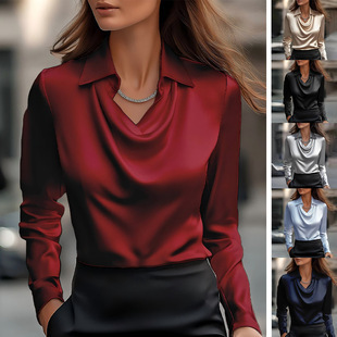 2026 European and American Cross-Border Women's Shirt with a Draped Collar, Autumn and Winter Long-Sleeve Top, Elegant and Simple, Slimming, Suitable for Commuting and Various Occasions