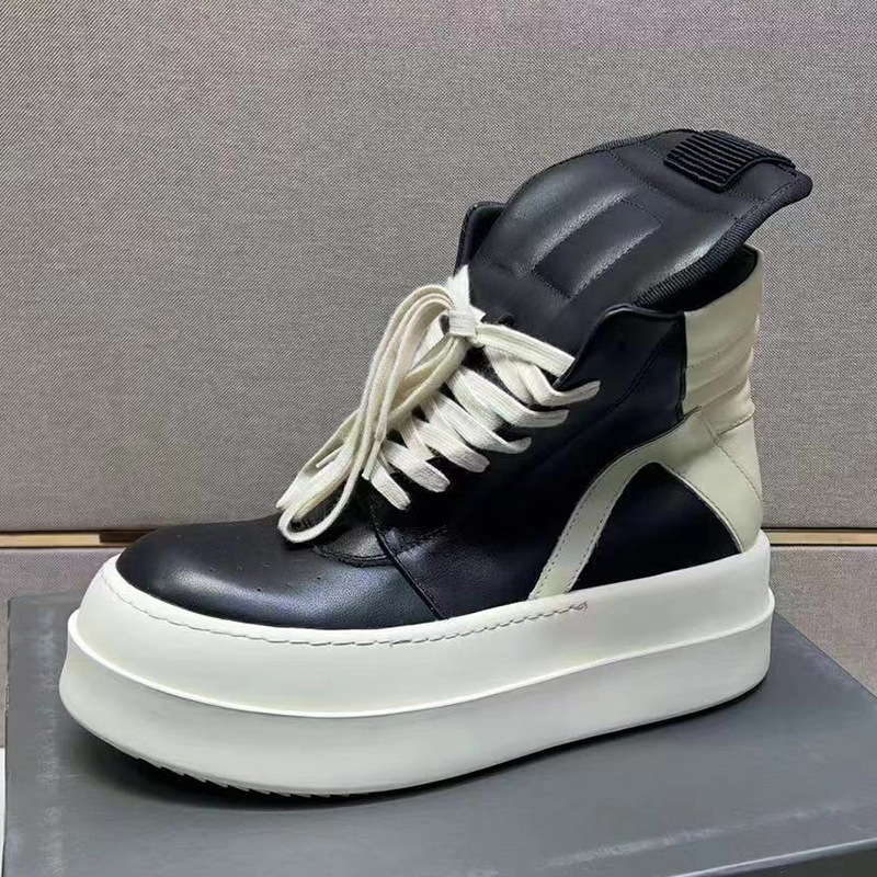 2024 High-Top Men's Cowhide Casual Sneakers Inverted Triangle Thick Sole Increased Round Toe Lace-Up Wear-Resistant Couple Shoes for Men