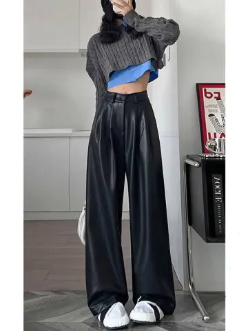 Black Leather Pants Women's High Waist Dummy Wide Leg Pants Spring and Autumn Korean Style Internet-famous Small Men's Straight Casual Leather Pants Black Leather Pants Women's High Waist Dummy Wide Leg Pants Spring and Autumn Korean Style Internet-famous Small Men's Straight Casual Leather Pants