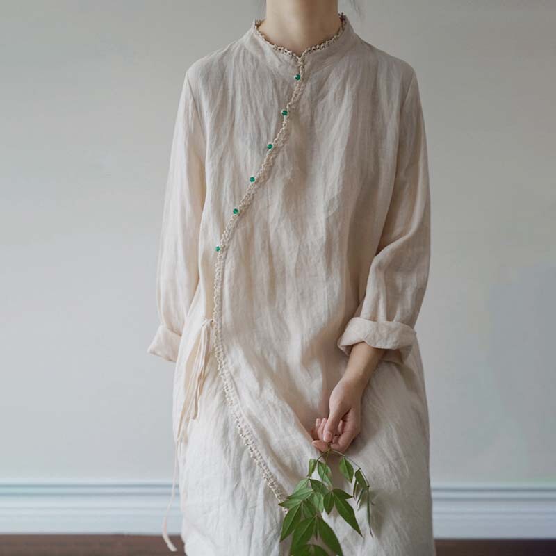 3139 # Ethnic Style Cotton and Linen Dress Spring and Summer Knee-Length Slimming Artistic Retro Lace Ramie Long Skirt Cheongsam