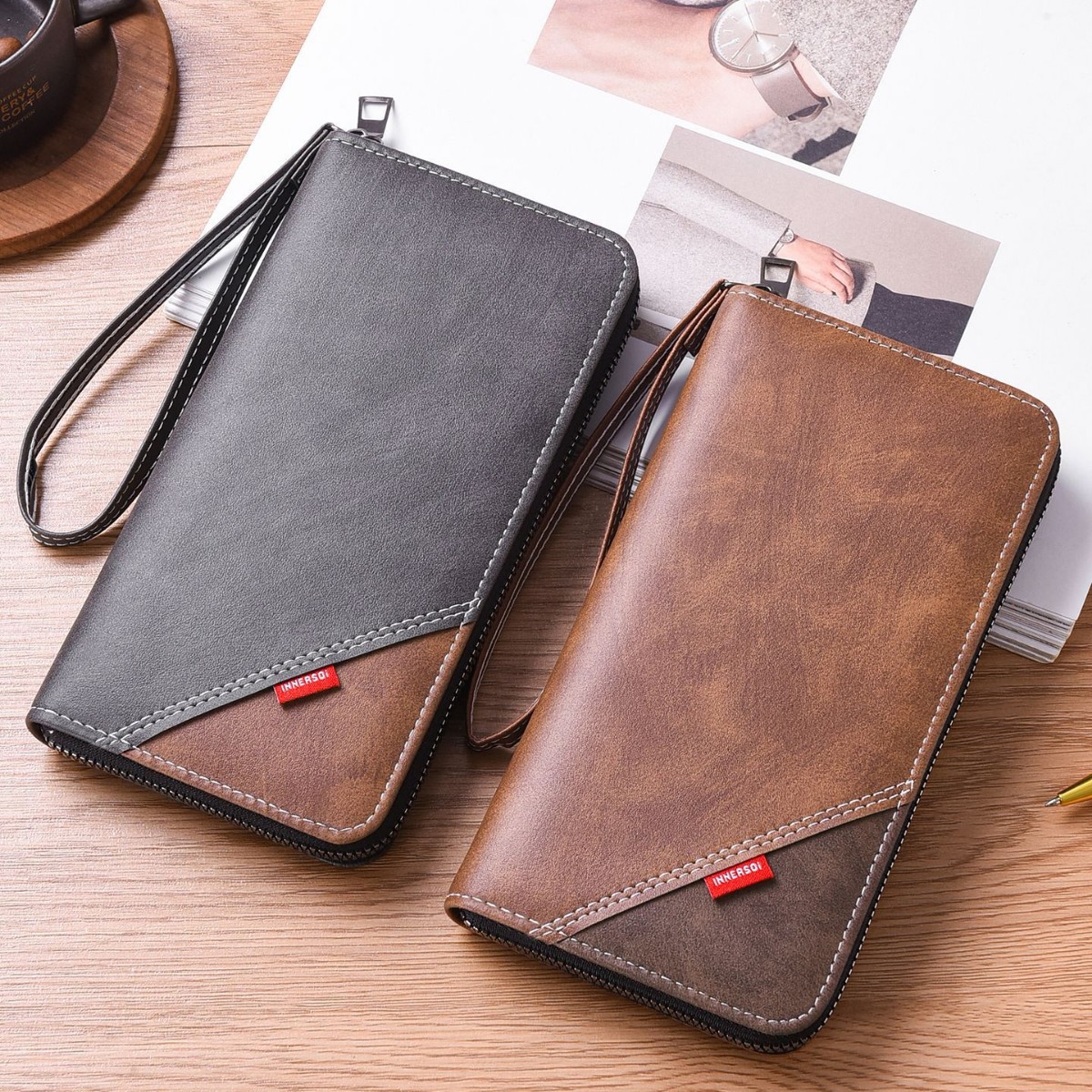 Men's long zipper clutch wallet with wrist strap, multiple card slots, large capacity, can hold a mobile phone, business leather wallet