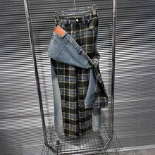 时尚小众设计感可拆卸腰封多穿格子拼接牛仔长裤女2024冬季