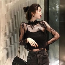 半高领打底衫女薄款网纱雪纺微透性感长袖内搭蕾丝上衣秋新款