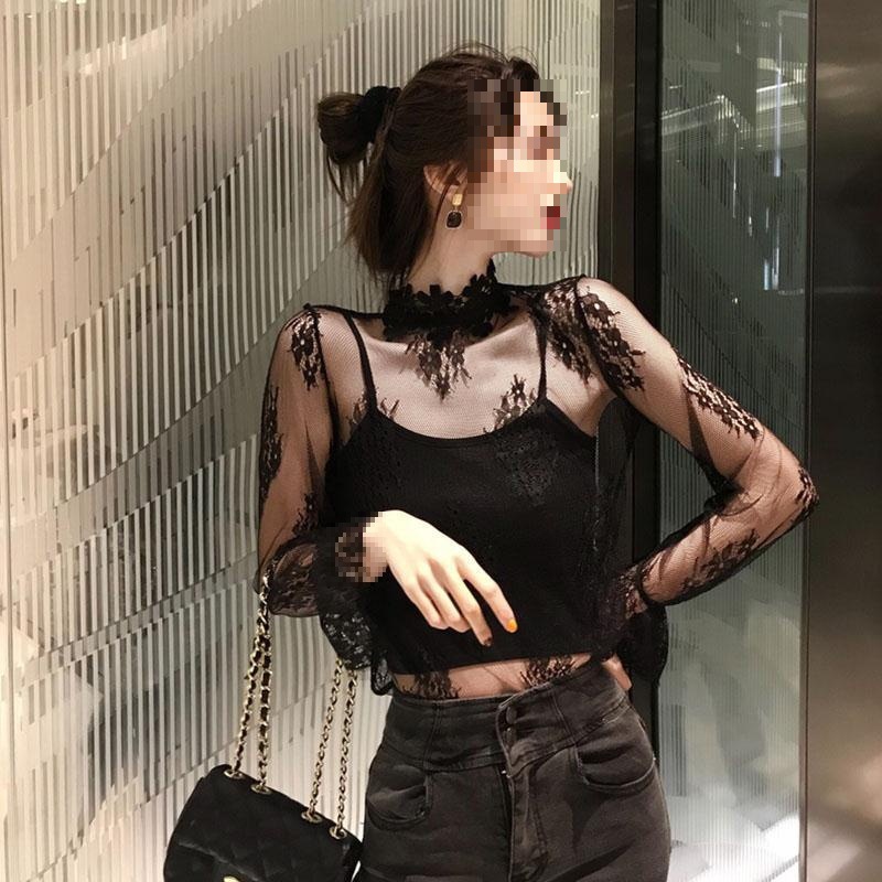 半高领打底衫女薄款网纱雪纺微透性感长袖内搭蕾丝上衣秋新款