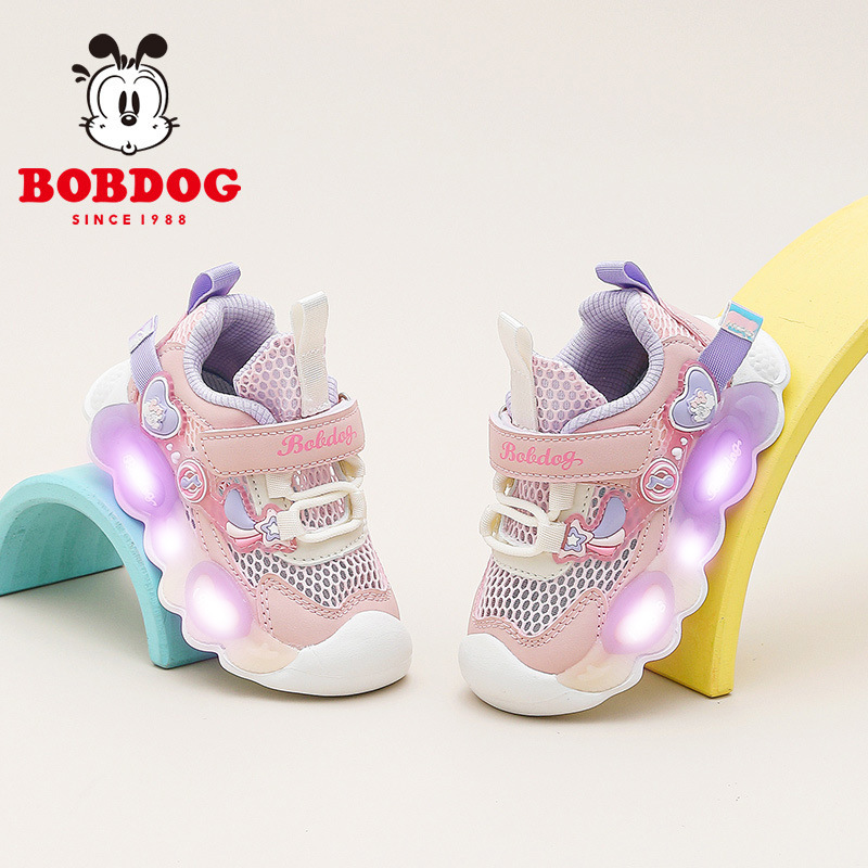 Babudou 2026 New Summer Model Girls' Luminous Sports Shoes Girls' Single Mesh Breathable Soft-Soled Baby Light-Up Shoes