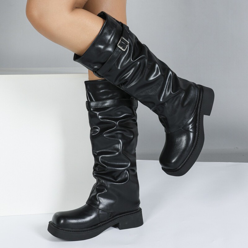 Special Clearance Sale: Foreign Trade Leather Buckle Stacked Long Boots with Round Toe, Thick Sole, Chunky Heel, Side Zipper, Versatile Street Style, Cross-Border Supply Special Clearance Sale: Foreign Trade Leather Buckle Stacked Long Boots with Round Toe, Thick Sole, Chunky Heel, Side Zipper, Versatile Street Style, Cross-Border Supply