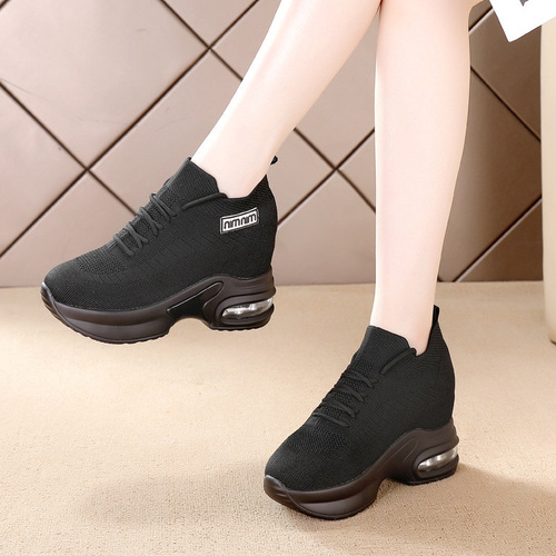 Black sports shoes for women, cross-border autumn, fat feet, wide feet, soft sole, soft surface, comfortable inner height increasing shoes