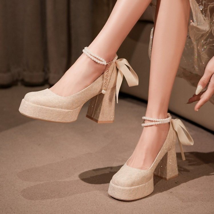 Waterproof platform pearl chain bowknot thin heel wedding shoes for women, chunky heel single shoes, high heels, bridal shoes