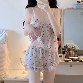 2026新款大码性感纯欲睡衣女吊带短裤小碎花家居服甜美胸垫两件套