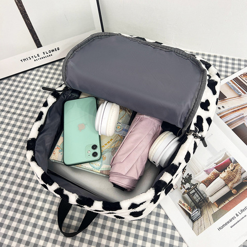 Soft Plush Large Capacity Backpack with Leopard and Cow Print, High-Quality Appearance, Autumn/Winter Hairy Bag for Girls, Cute Casual Dual-Shoulder Bag