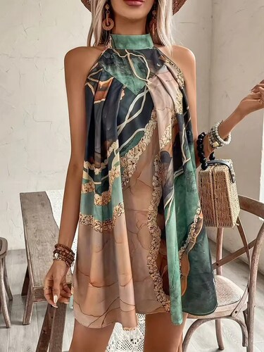 Slim-fit bag, hip sleeveless round neck stripe print, sexy mini dress, design contrasting colors from Europe and America