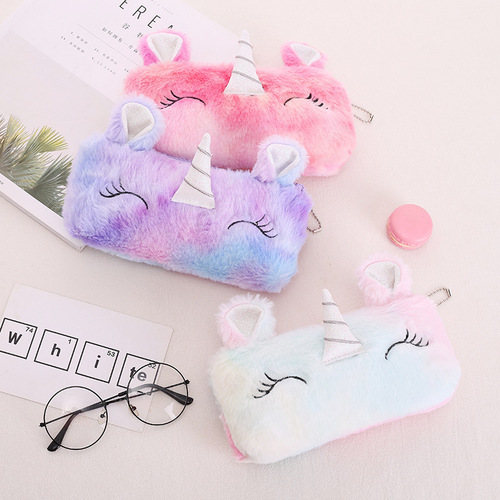 Cross-border new plush gradient unicorn girl heart cartoon pencil bag student storage bag large capacity cute stationery