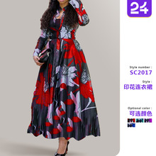 2025新款女装 亚马逊欧美连衣裙A字摆四面弹布料款数码印花连衣裙