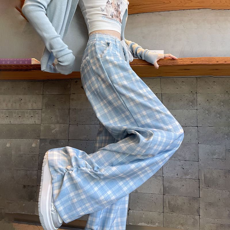 蓝色格子蕾丝花边阔腿裤子女春季欧货广州十三行多巴胺亮色直筒裤