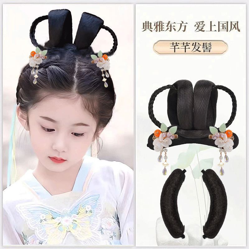 子供用古代衣装ヘアピース、かわいい女の子用漢服風ヘアピースセット、シンプルで多用途な古代風おだんごヘアバッグ|undefined
