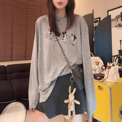 灰色小狗印花长袖t恤女夏季防晒衣2025新款韩系慵懒百搭宽松上衣